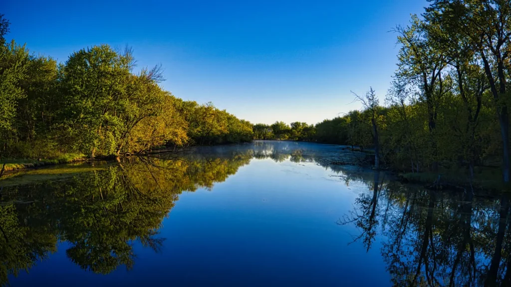 A calm Minnesota river reflecting autumn trees under a clear sky
